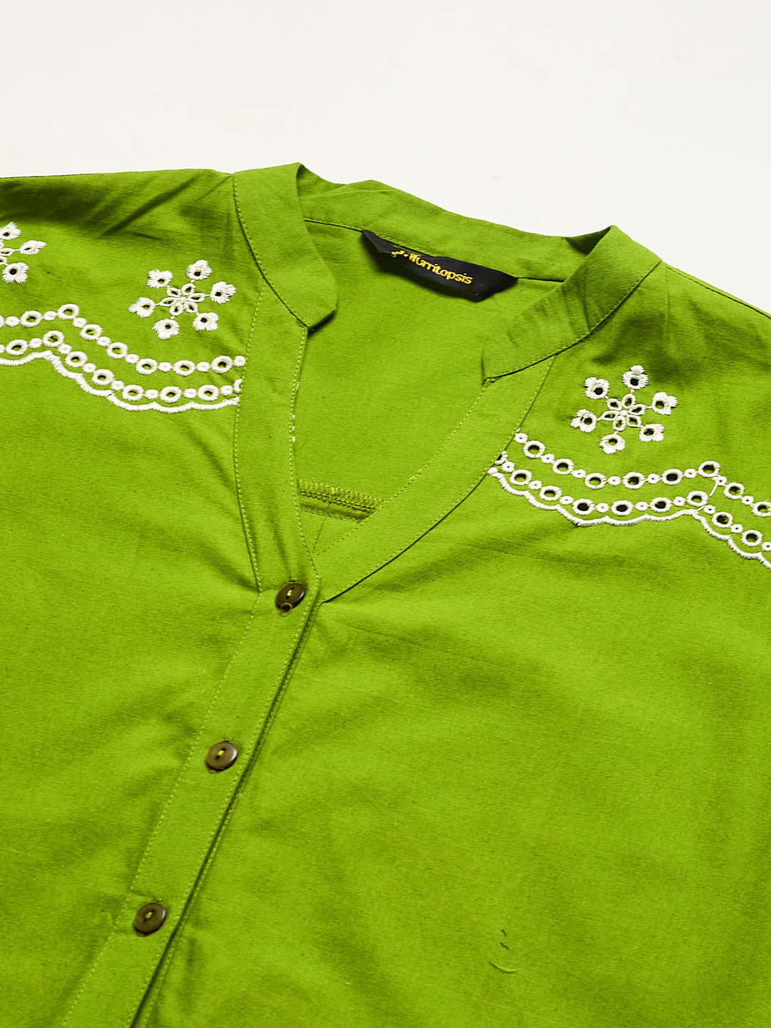 Green Cotton Floral Embroidered Statement Shirt For Women