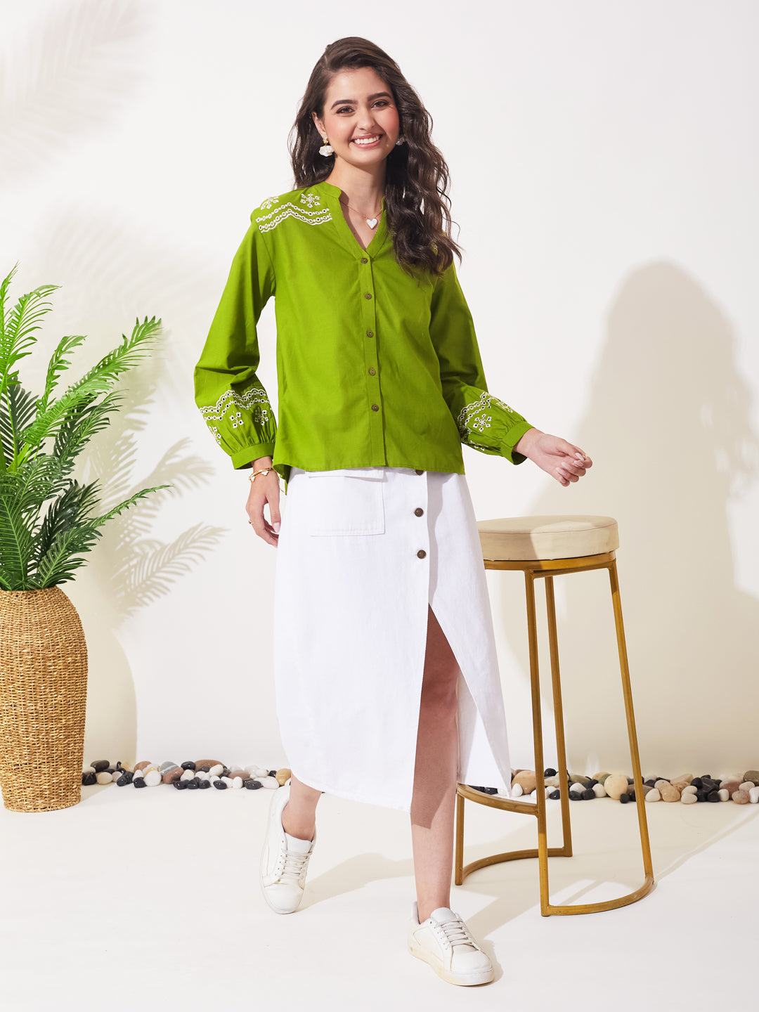 Green Cotton Floral Embroidered Statement Shirt For Women