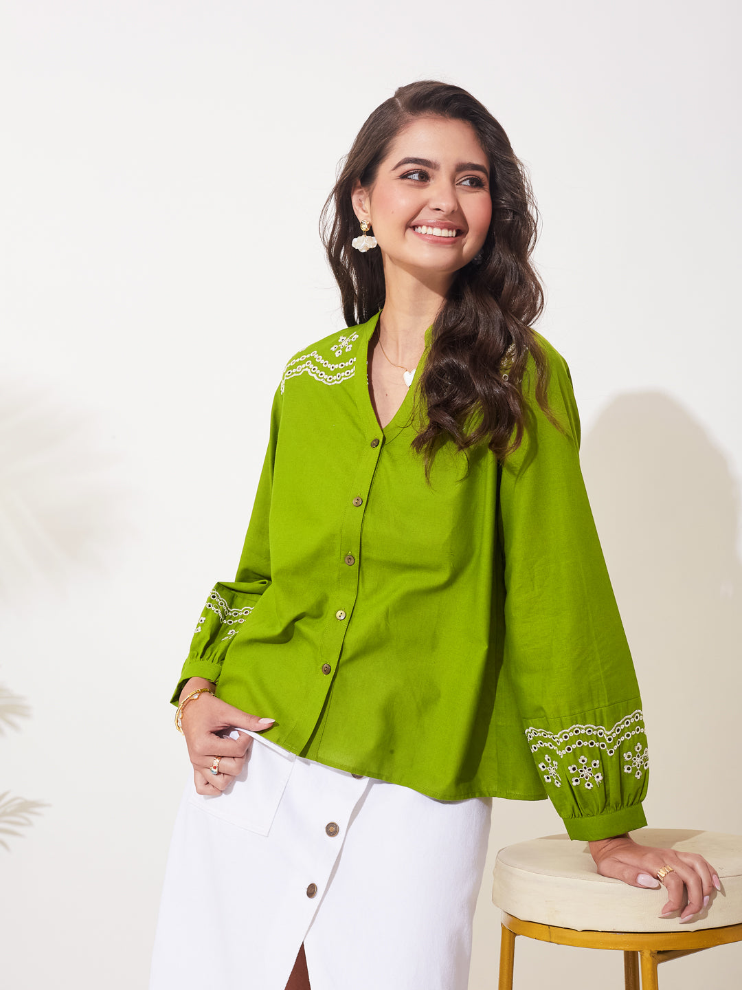 Green Cotton Floral Embroidered Statement Shirt For Women