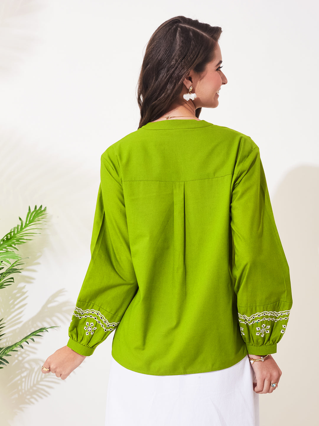 Green Cotton Floral Embroidered Statement Shirt For Women