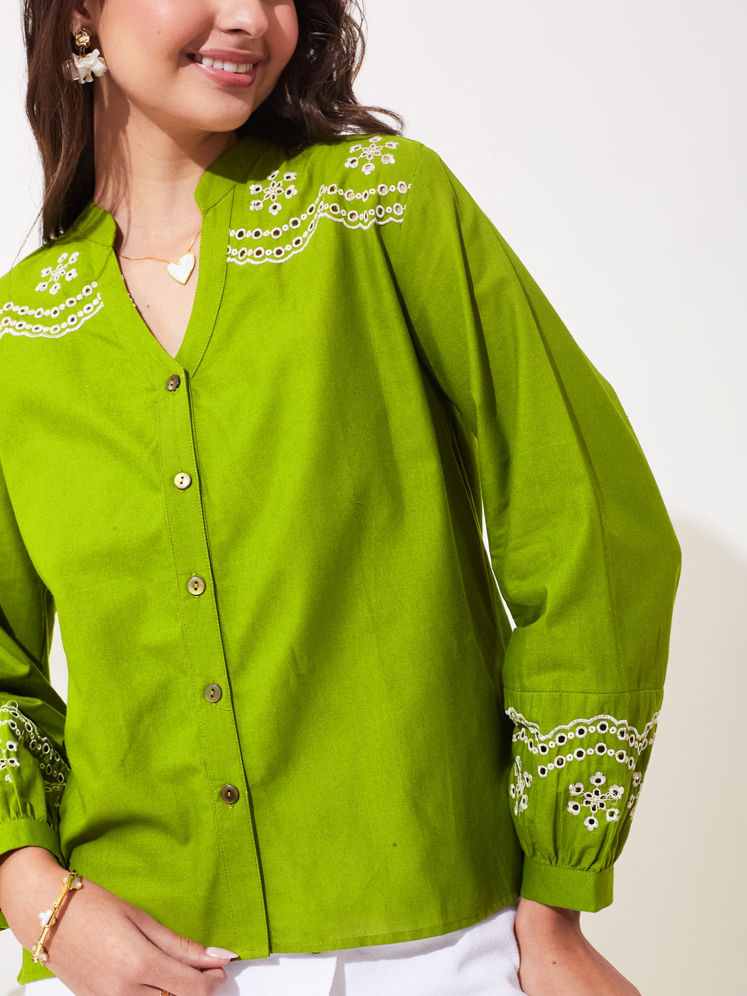 Green Cotton Floral Embroidered Statement Shirt For Women