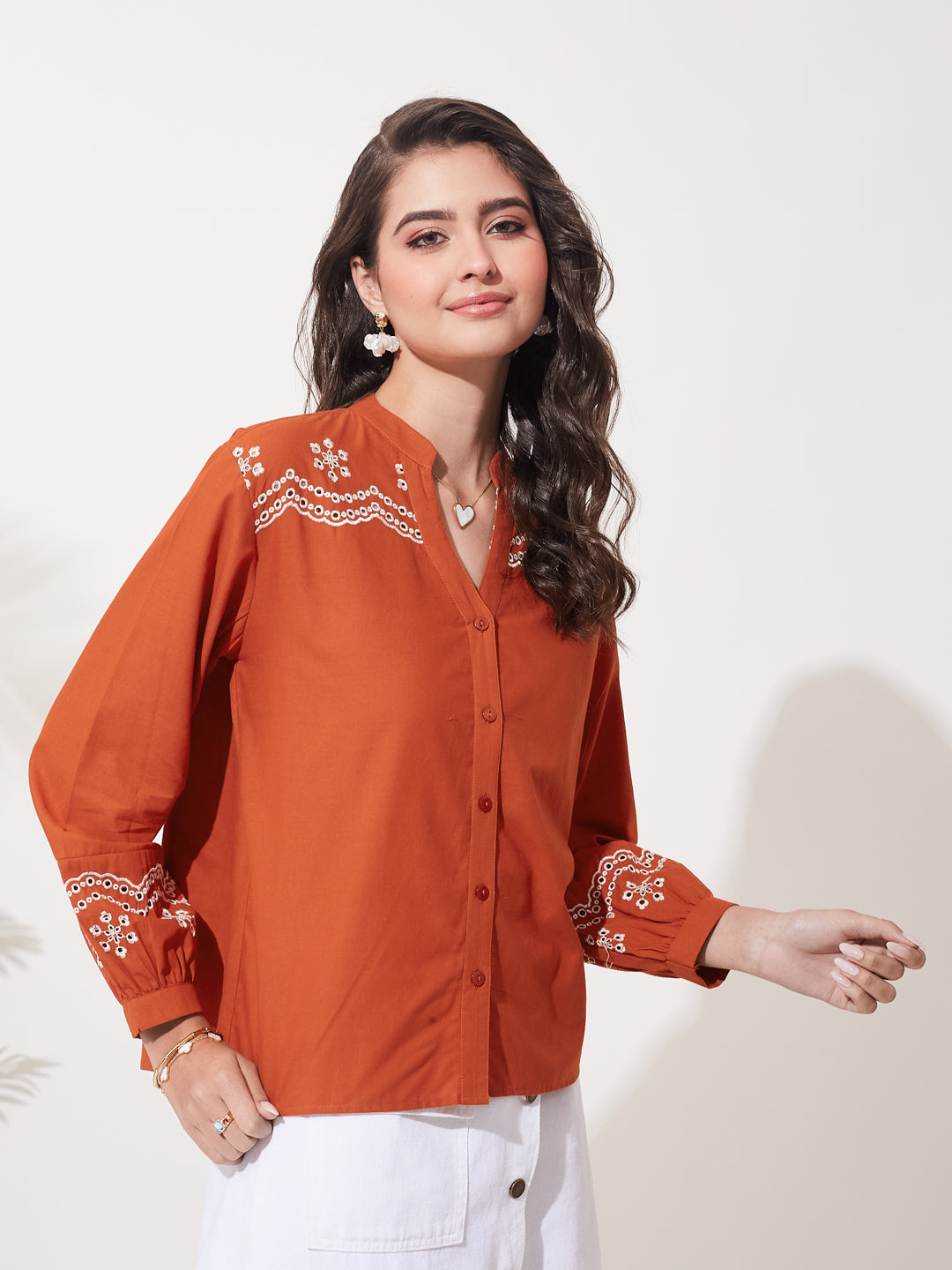 Trendy Orange Cotton Embroidered Everyday Fashion Shirt For Women