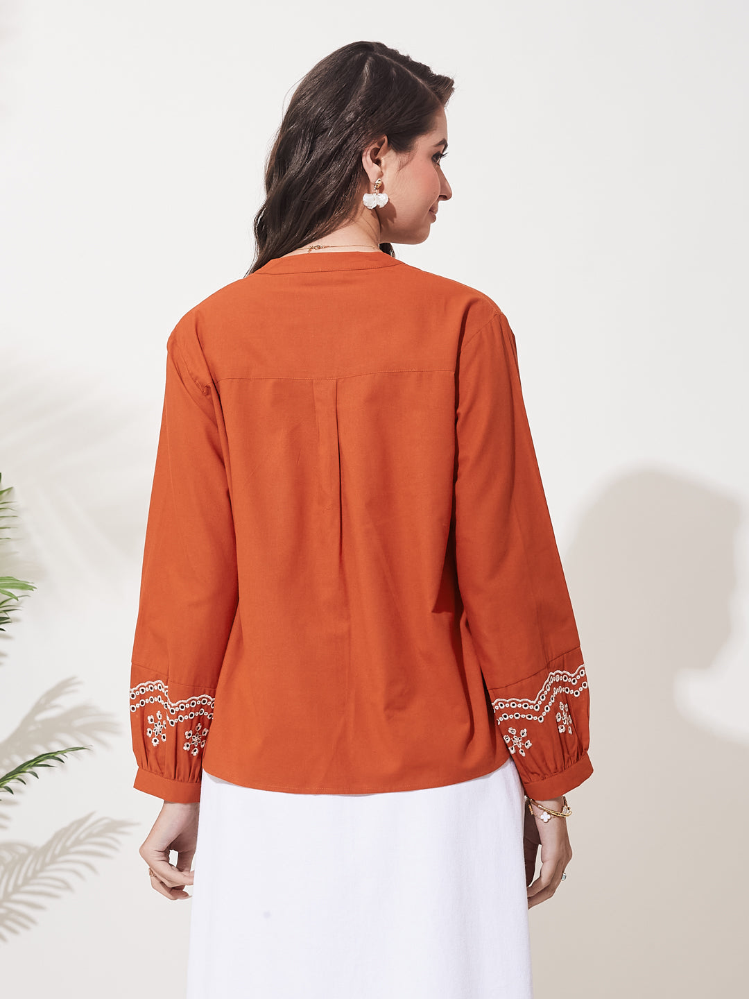Trendy Orange Cotton Embroidered Everyday Fashion Shirt For Women
