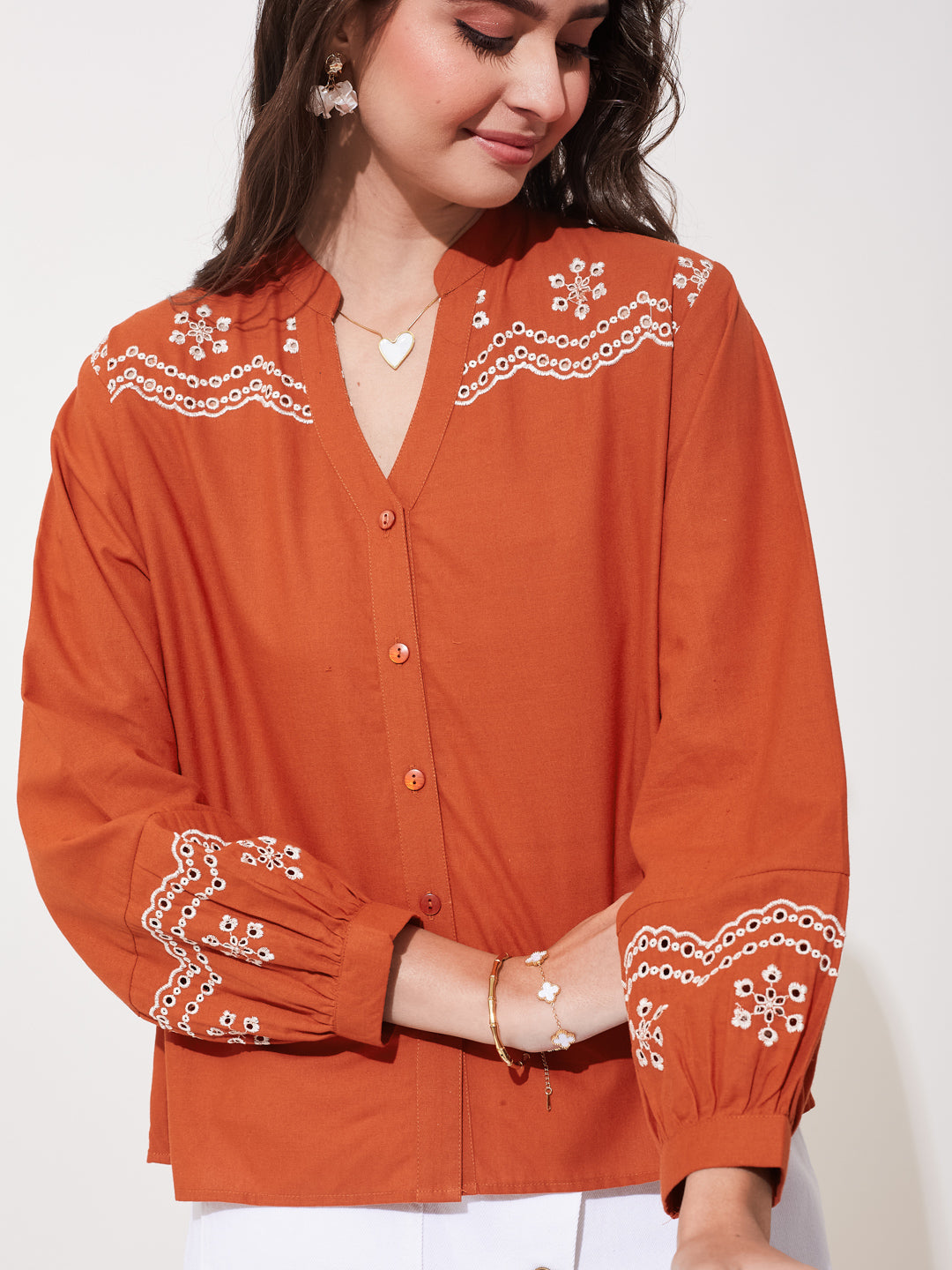 Trendy Orange Cotton Embroidered Everyday Fashion Shirt For Women