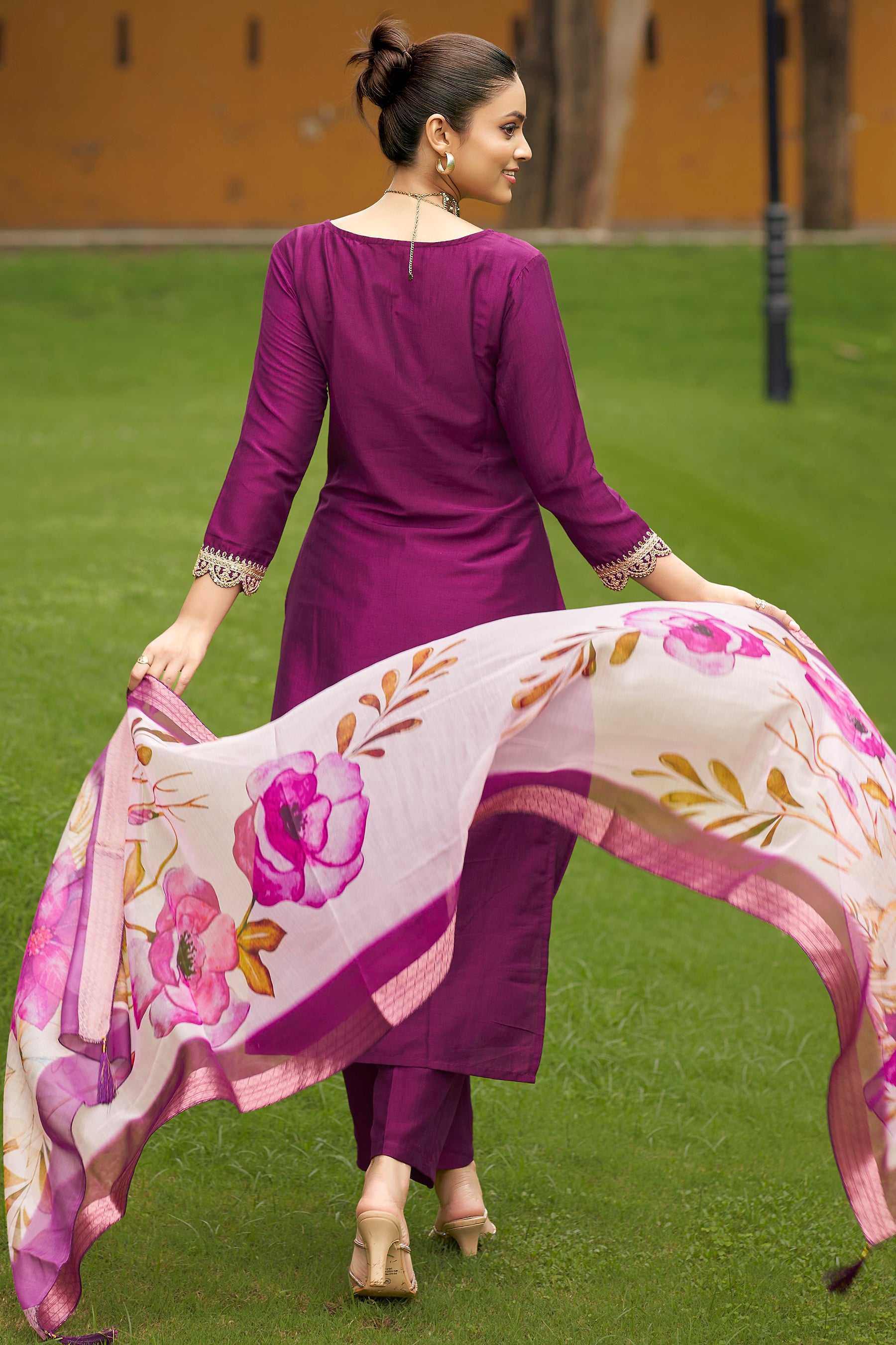 Wine Self Design Chinon Straight Kurta With Printed Dupatta