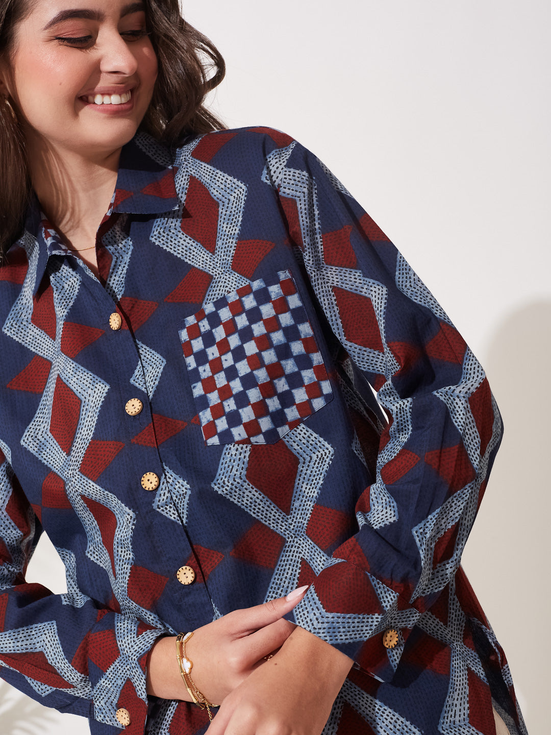 Women Blue Cotton Print Casual Cotton Shirt
