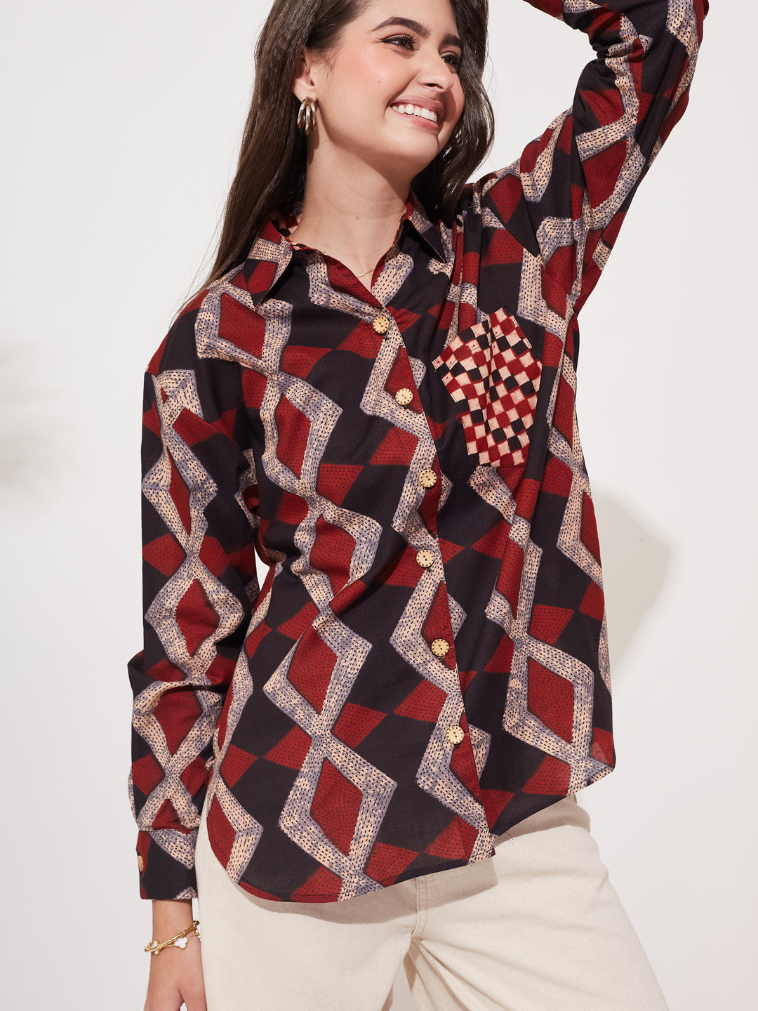 Women’s Black Cotton Printed Button-Down Shirt