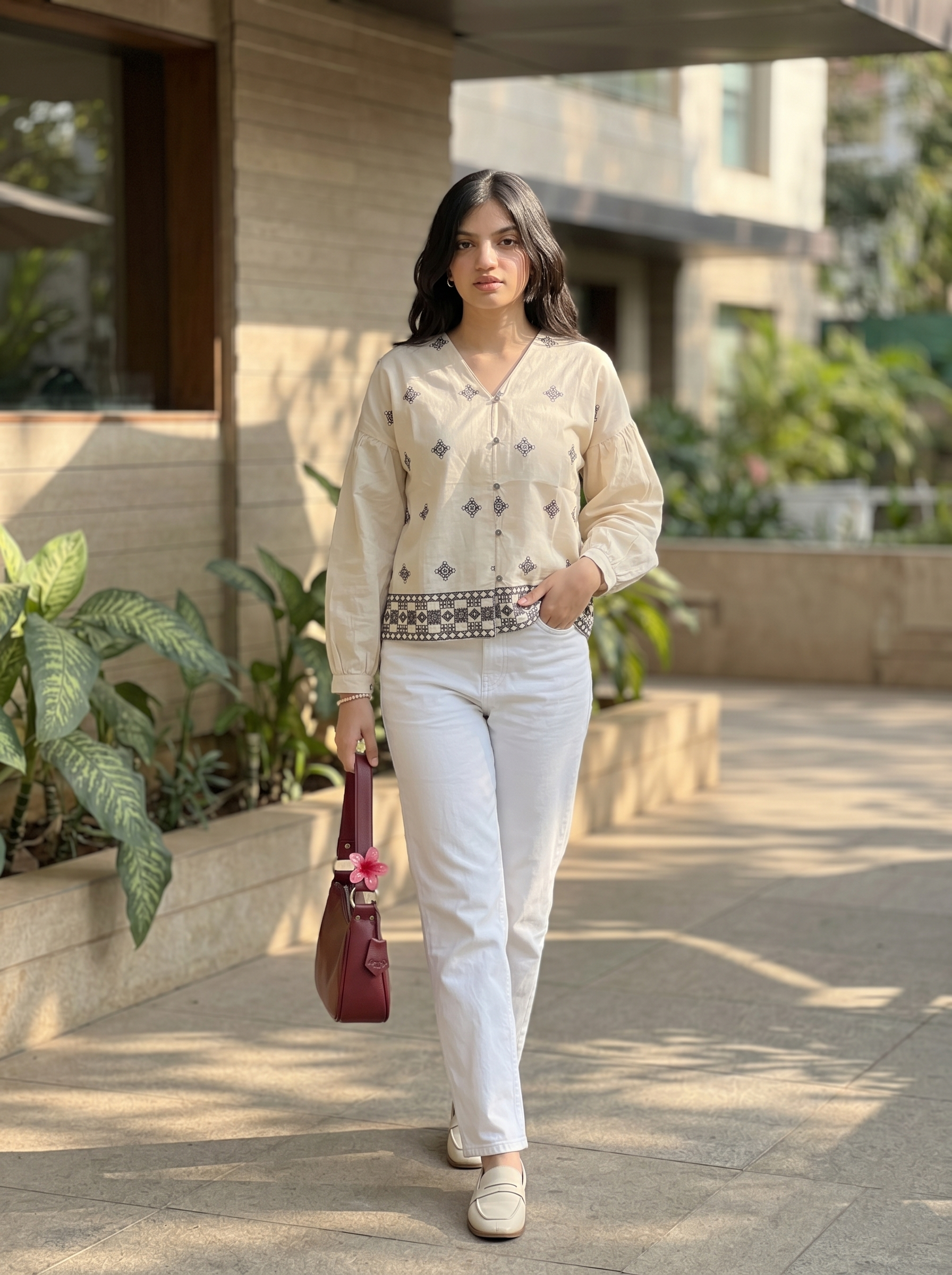 Women’s Cream Cotton Ivory Embroidered Shirt