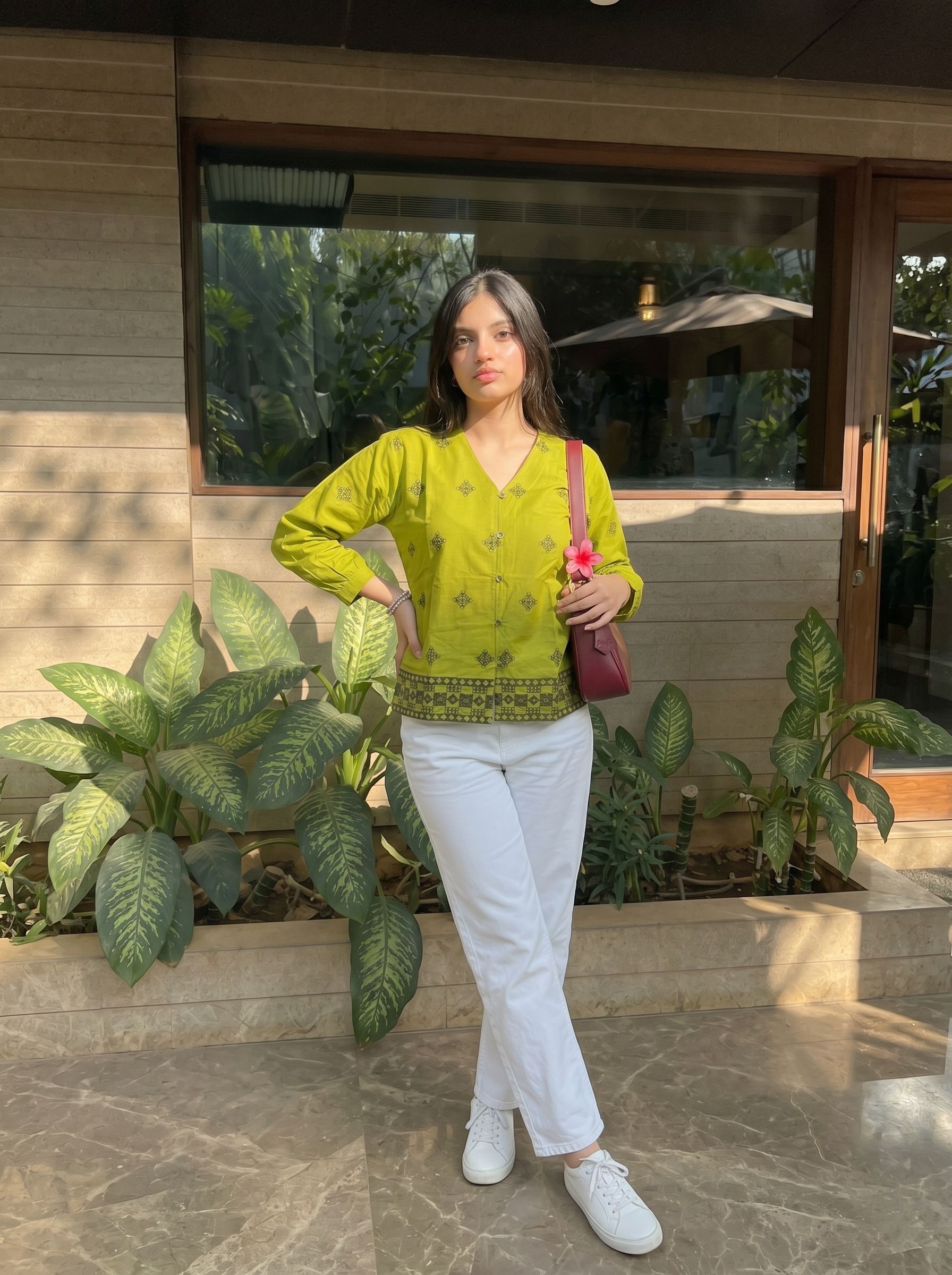 Green Cotton Ethnic Embroidered Casual Shirt for Women