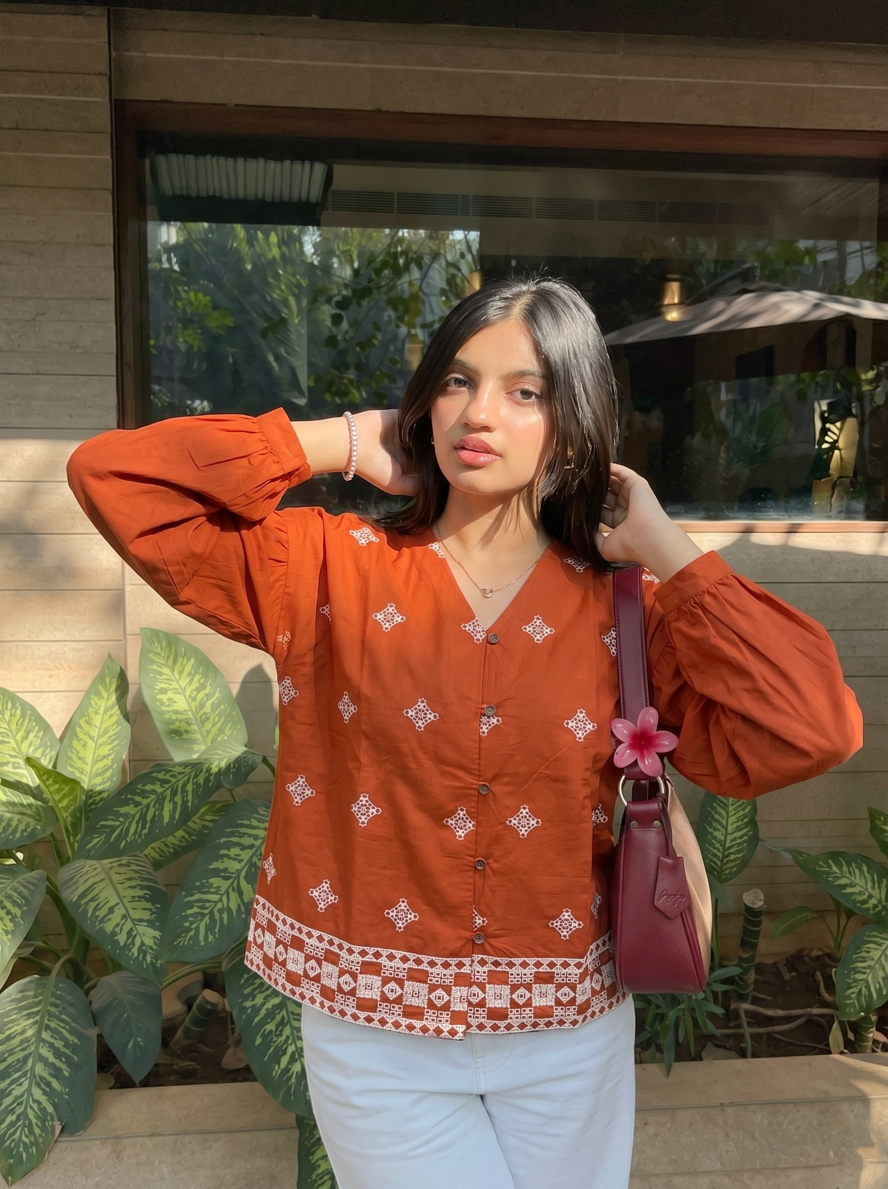 Orange Cotton Embroidered Everyday Wear Shirt For Women