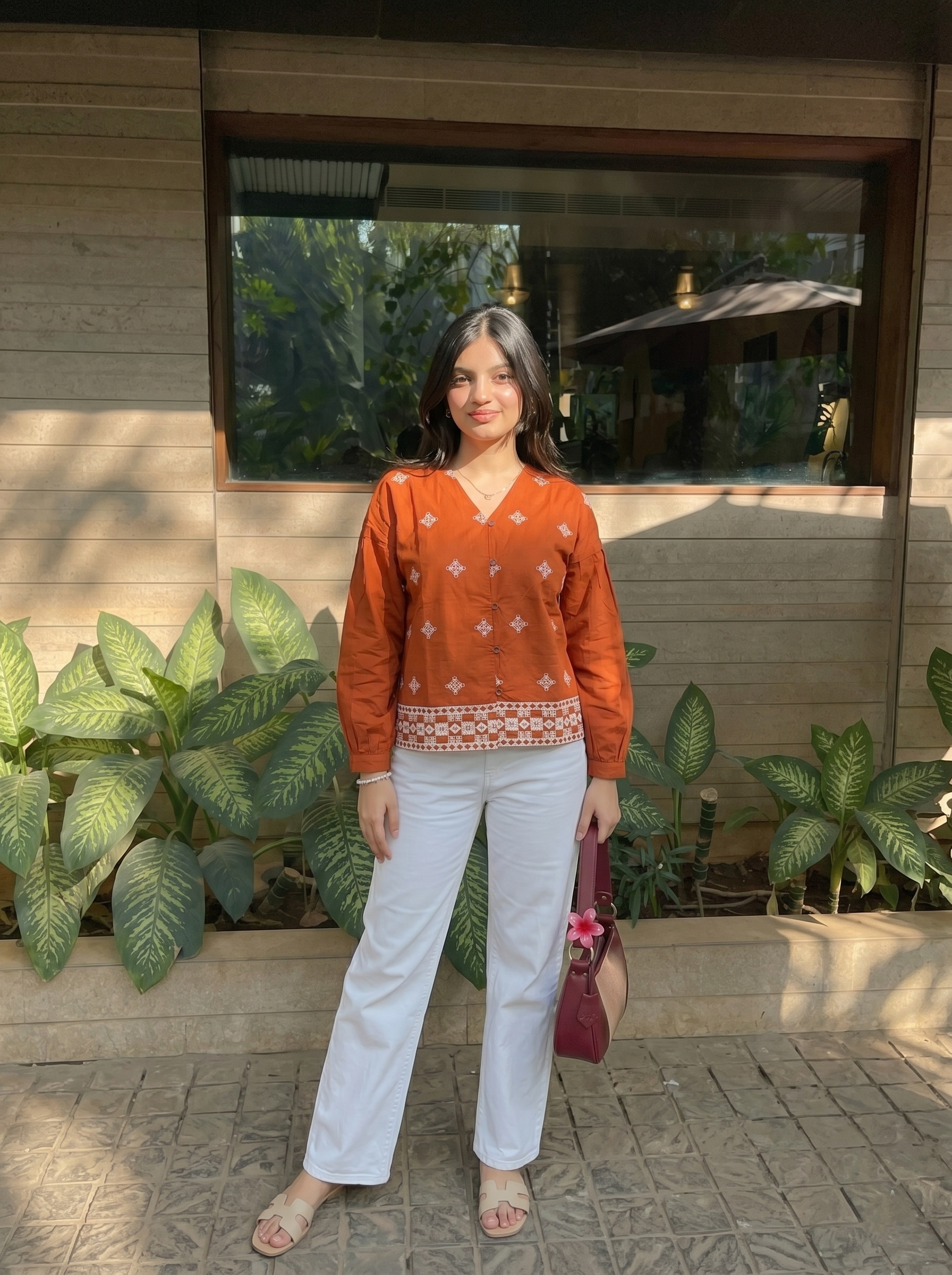 Orange Cotton Embroidered Everyday Wear Shirt For Women