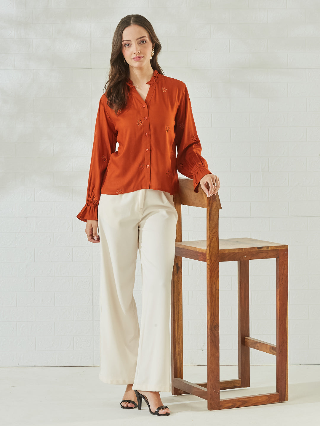 Rust Bloom Cotton Embroidered Casual Shirt For Women