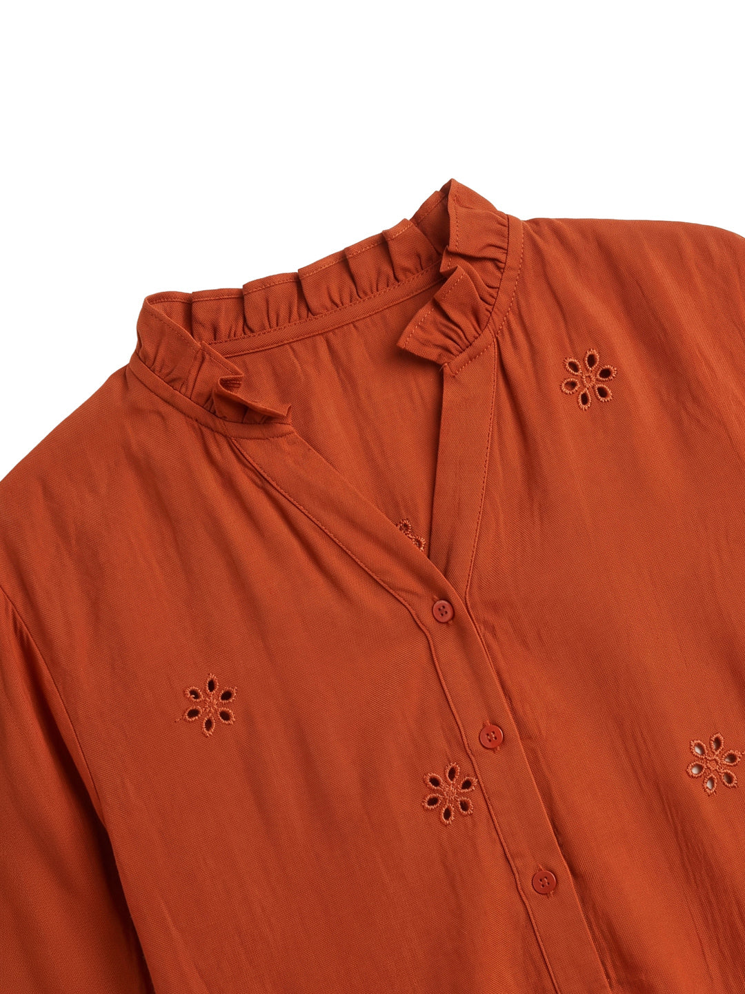 Rust Bloom Cotton Embroidered Casual Shirt For Women