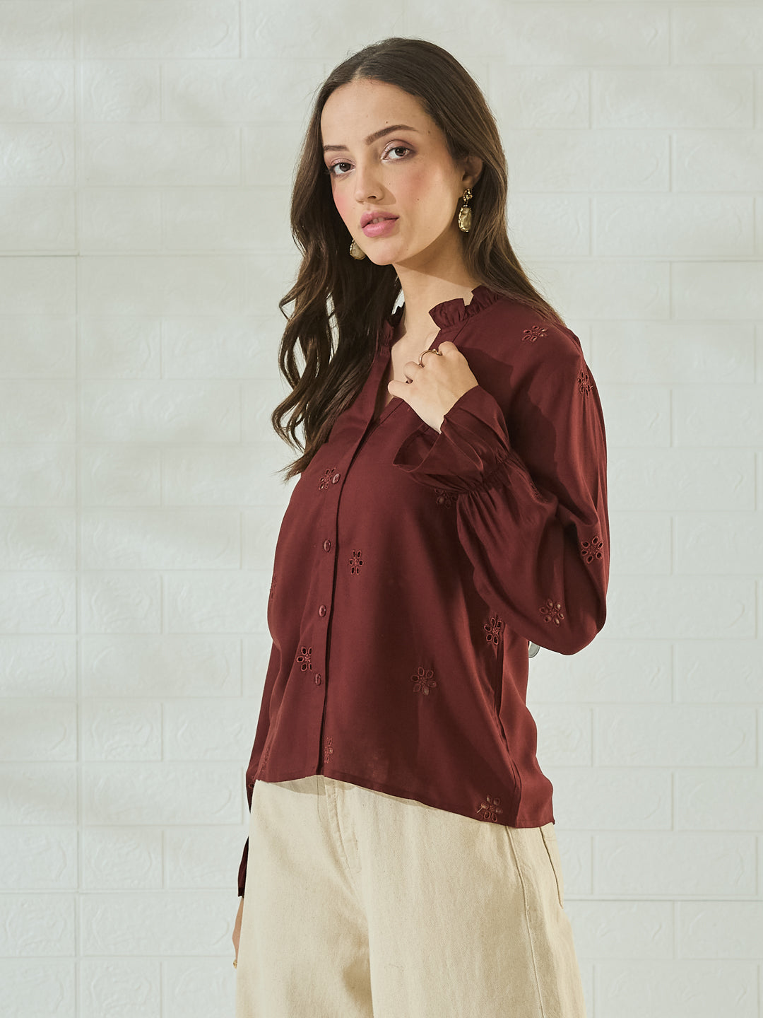 Coffee Cotton Embroidered Statement Shirt for Women