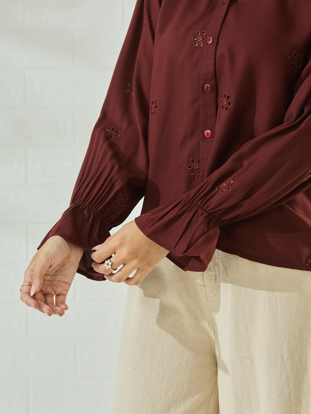 Coffee Cotton Embroidered Statement Shirt for Women