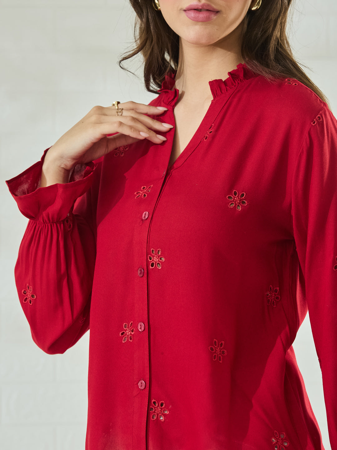 Trendy Red Cotton Embroidered Everyday Fashion Shirt For Women