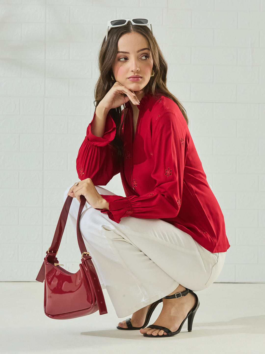 Trendy Red Cotton Embroidered Everyday Fashion Shirt For Women