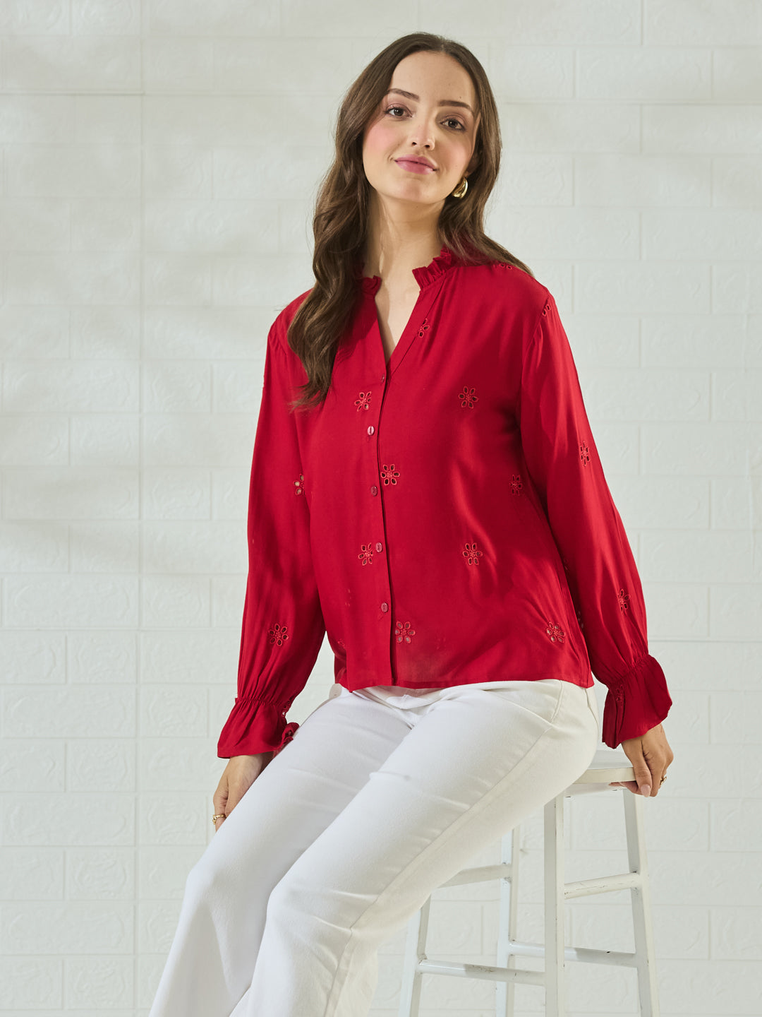 Trendy Red Cotton Embroidered Everyday Fashion Shirt For Women