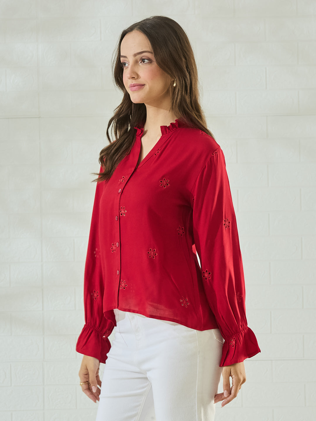 Trendy Red Cotton Embroidered Everyday Fashion Shirt For Women