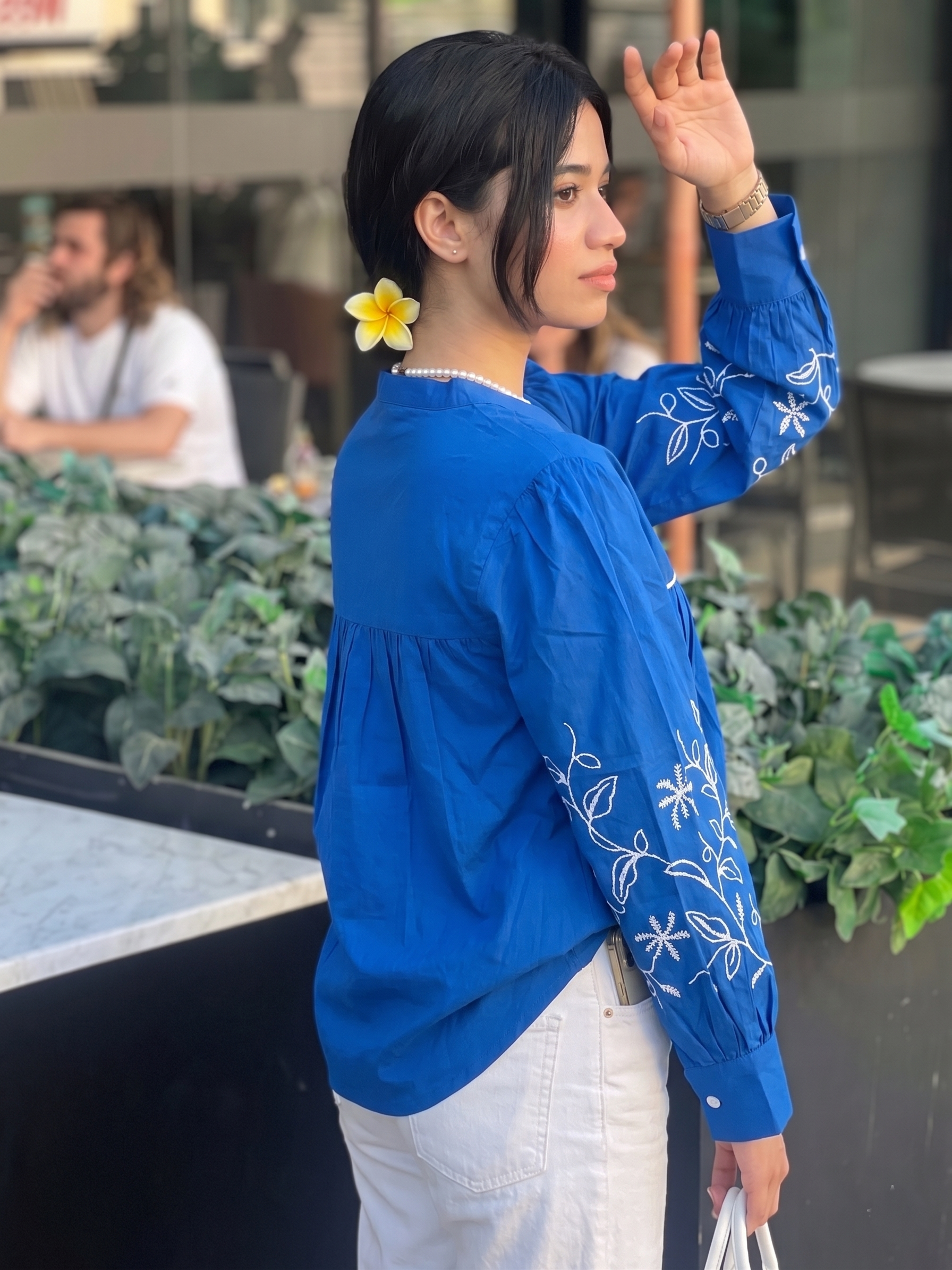 Women’s Royal Blue Cotton Shirt with Floral Embroidery & Full Sleeves