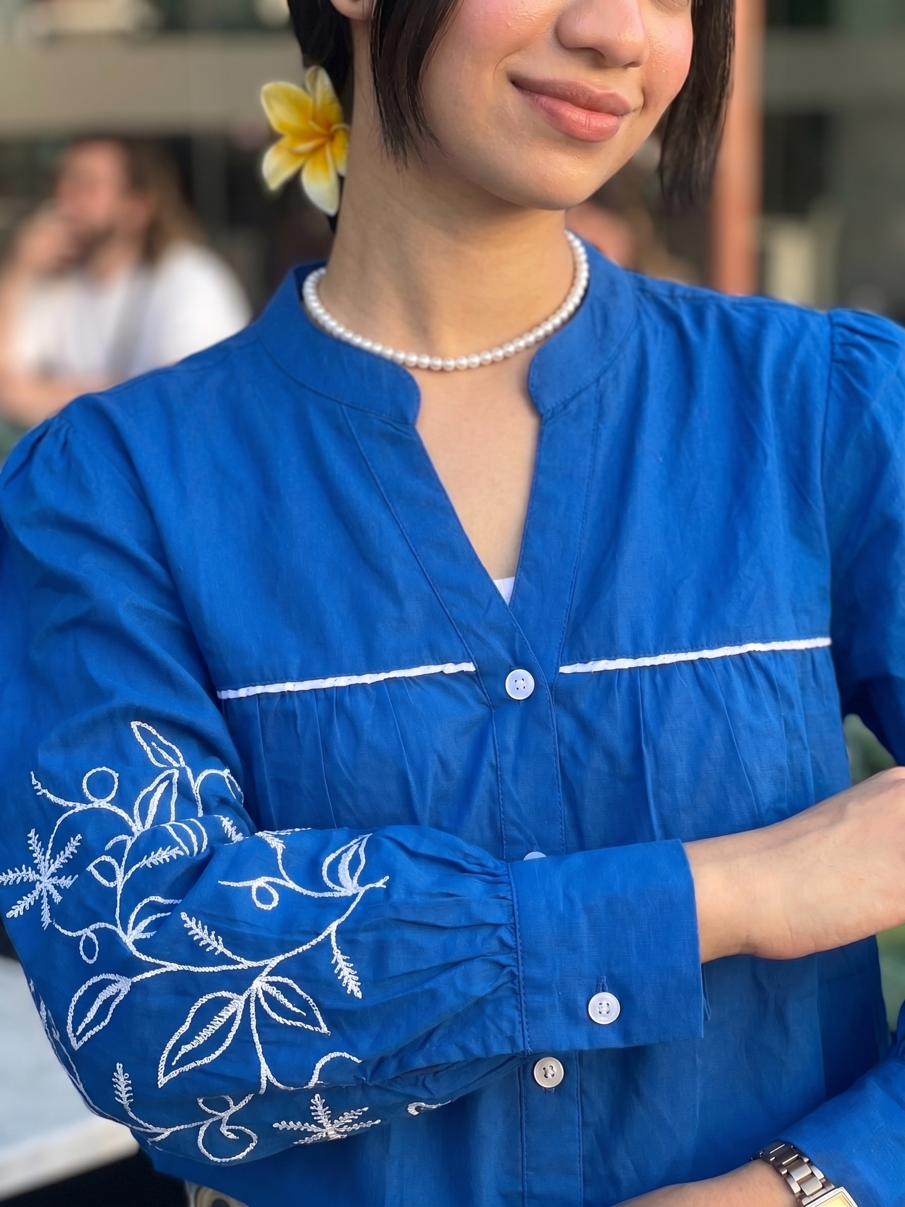 Women’s Royal Blue Cotton Shirt with Floral Embroidery & Full Sleeves