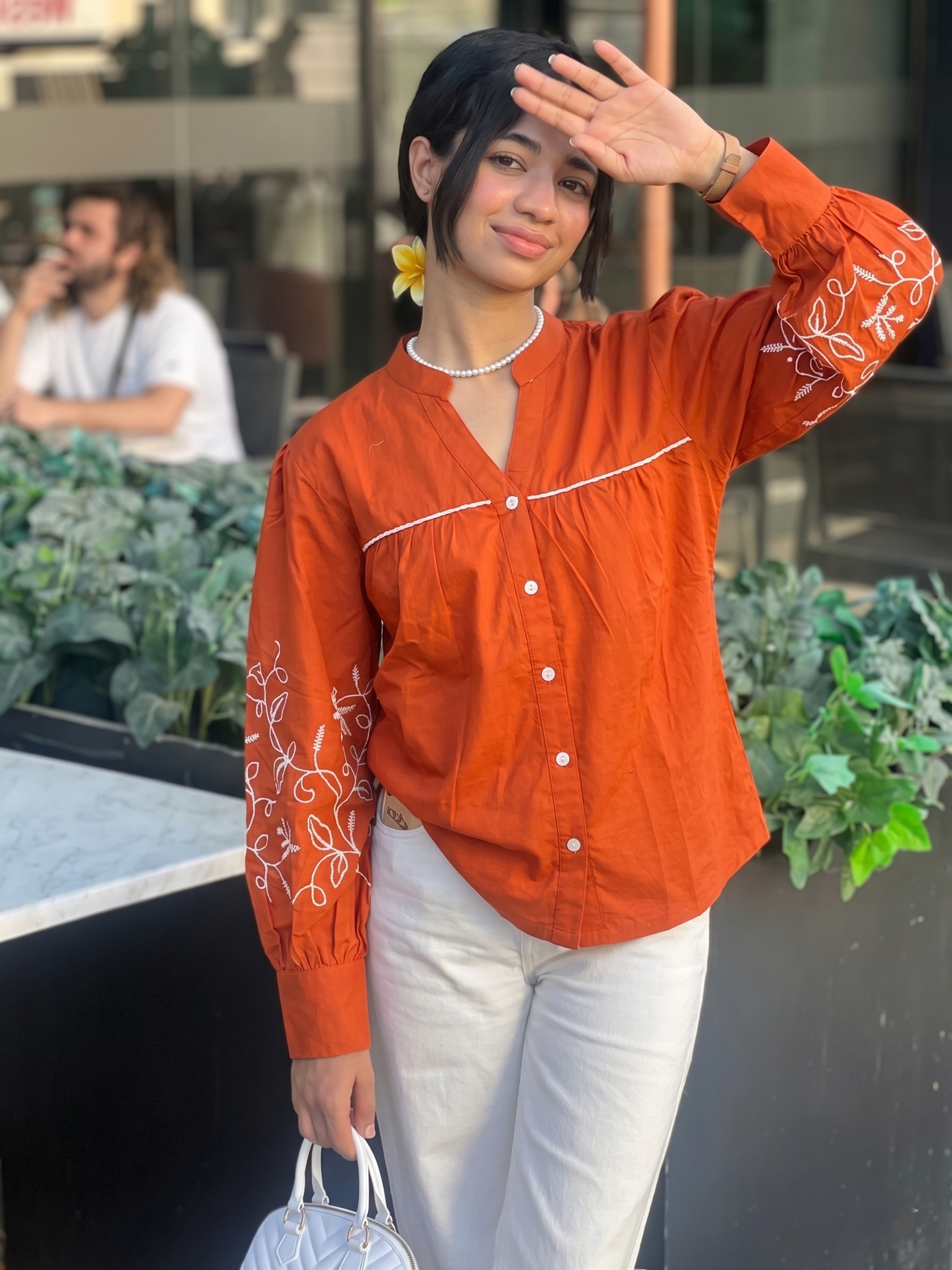 Orange Floral Cotton Embroidery Shirt for Women with Front Button Detailing