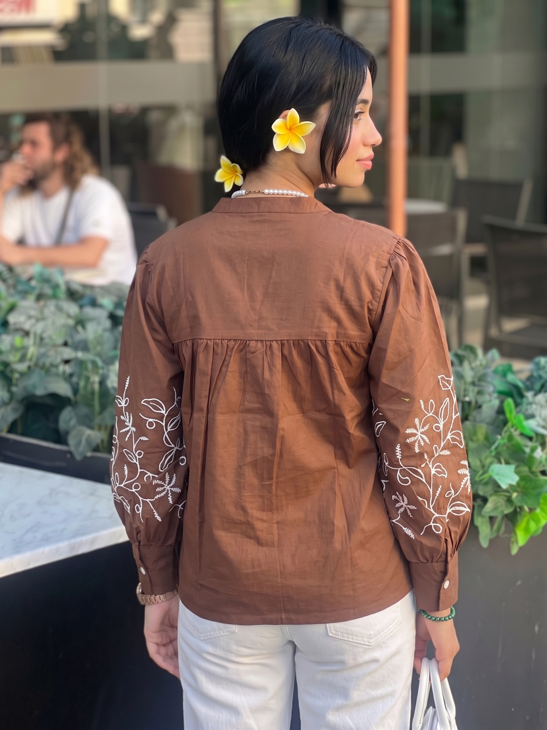 Coffee Cotton Handwork Embroidered Casual Shirt for Women