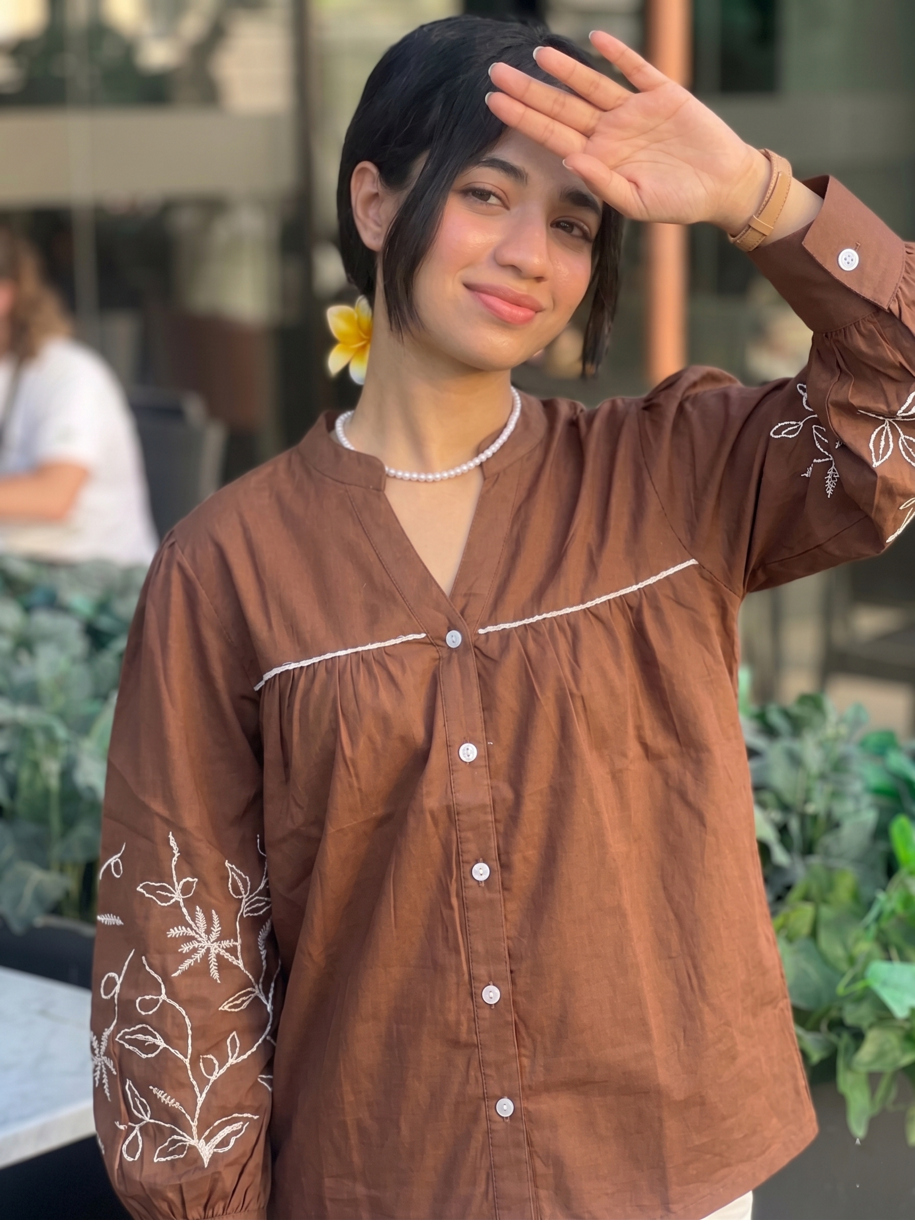 Coffee Cotton Handwork Embroidered Casual Shirt for Women