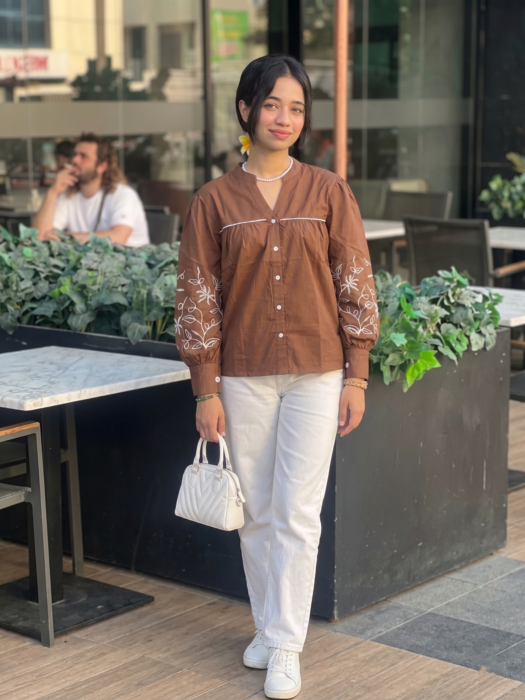 Coffee Cotton Handwork Embroidered Casual Shirt for Women