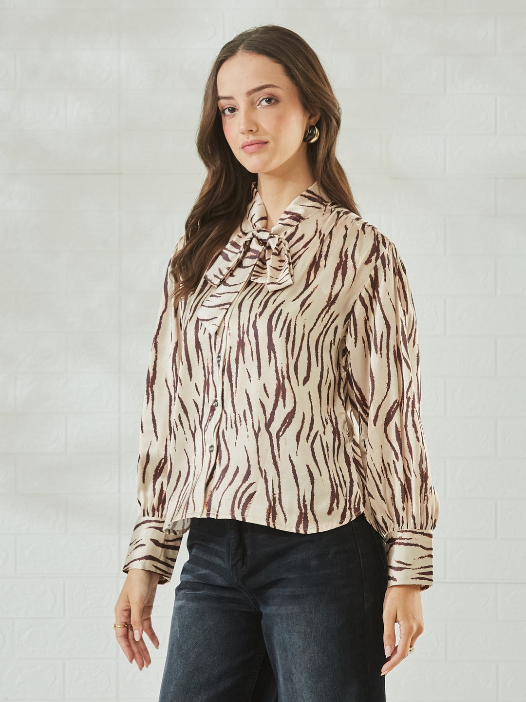 Coffee Satin Abstract Printed Bow Collar Regular Shirt For Women