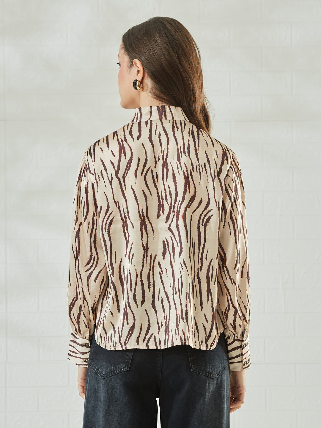Coffee Satin Abstract Printed Bow Collar Regular Shirt For Women