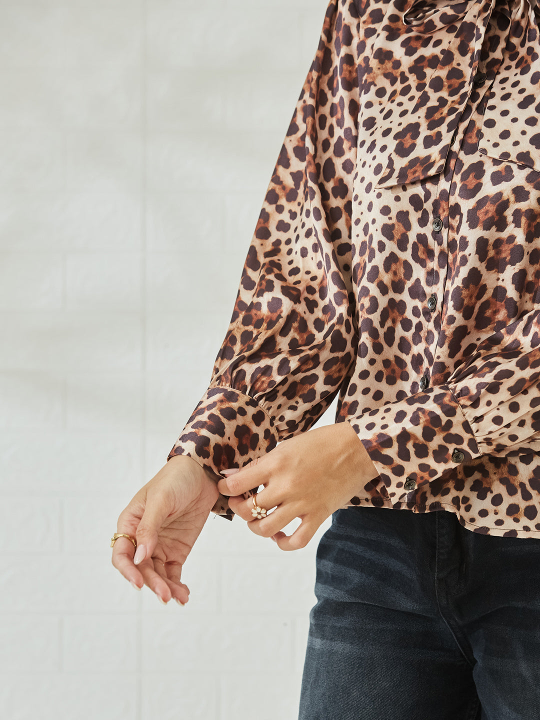Women's Premium Brown Satin Abstract Print Button-Down Regular Shirt