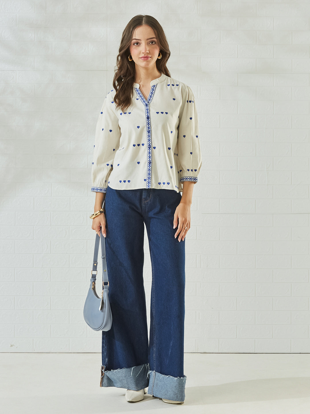 Classic Off White Cotton Shirt with Delicate Blue Embroidery