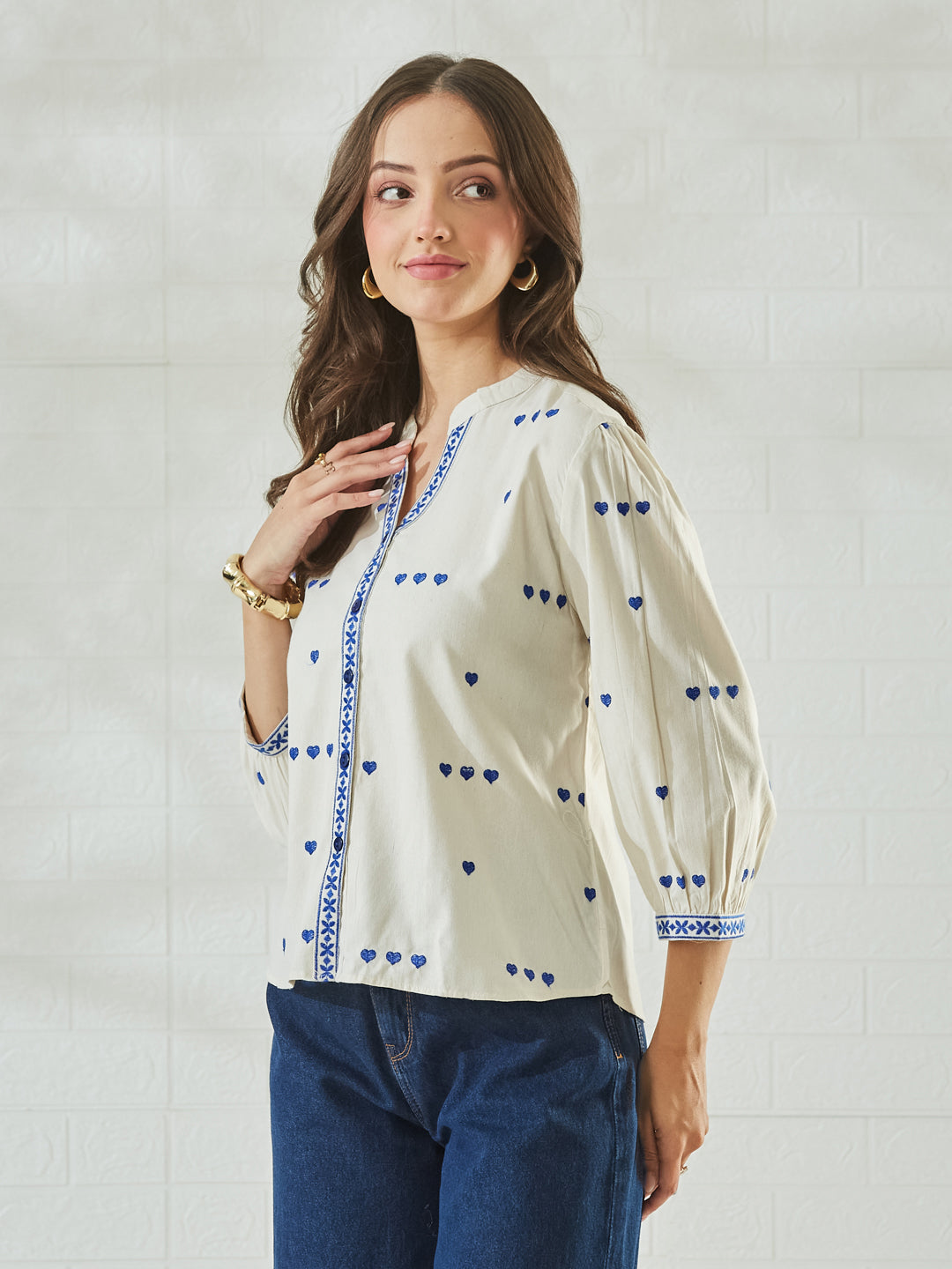 Classic Off White Cotton Shirt with Delicate Blue Embroidery
