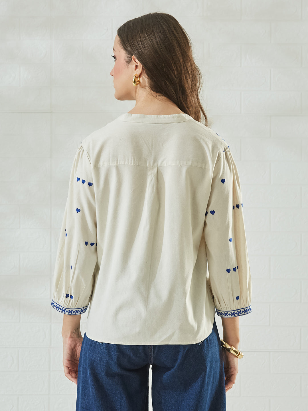 Classic Off White Cotton Shirt with Delicate Blue Embroidery