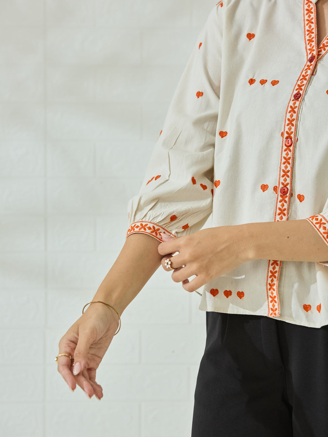 Women's White Embroidered Casual Shirt with Orange Heart Design