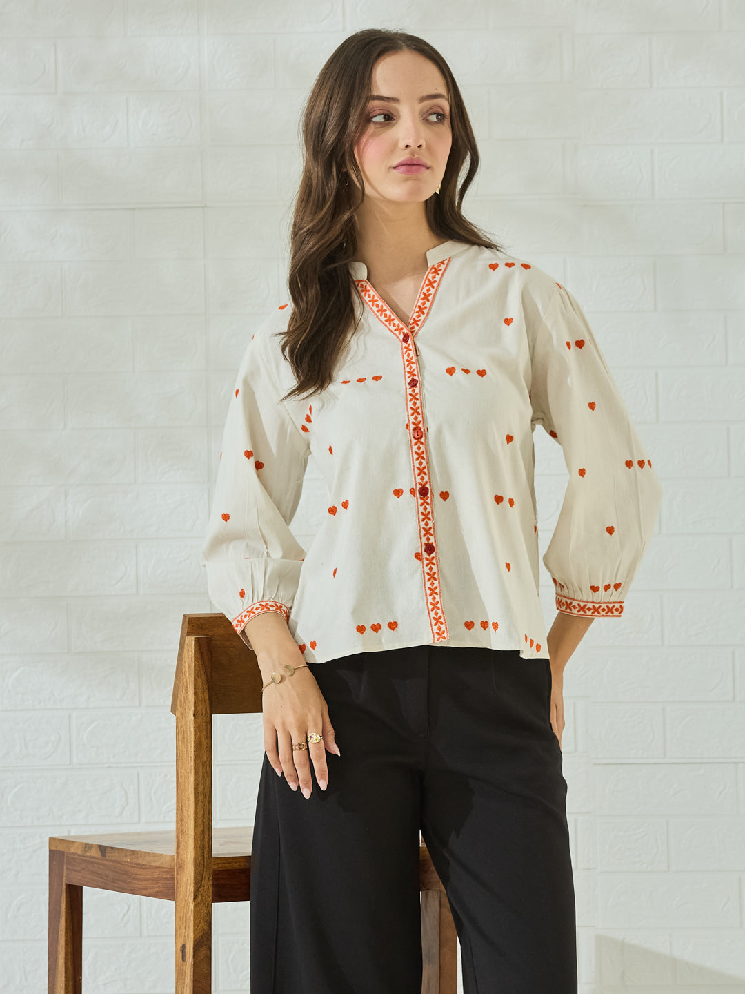 Women's White Embroidered Casual Shirt with Orange Heart Design