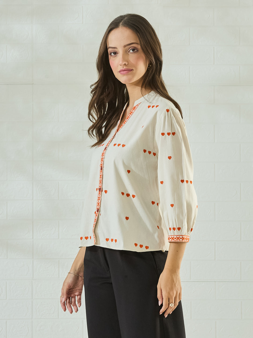 Women's White Embroidered Casual Shirt with Orange Heart Design