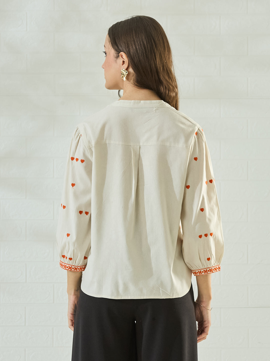 Women's White Embroidered Casual Shirt with Orange Heart Design
