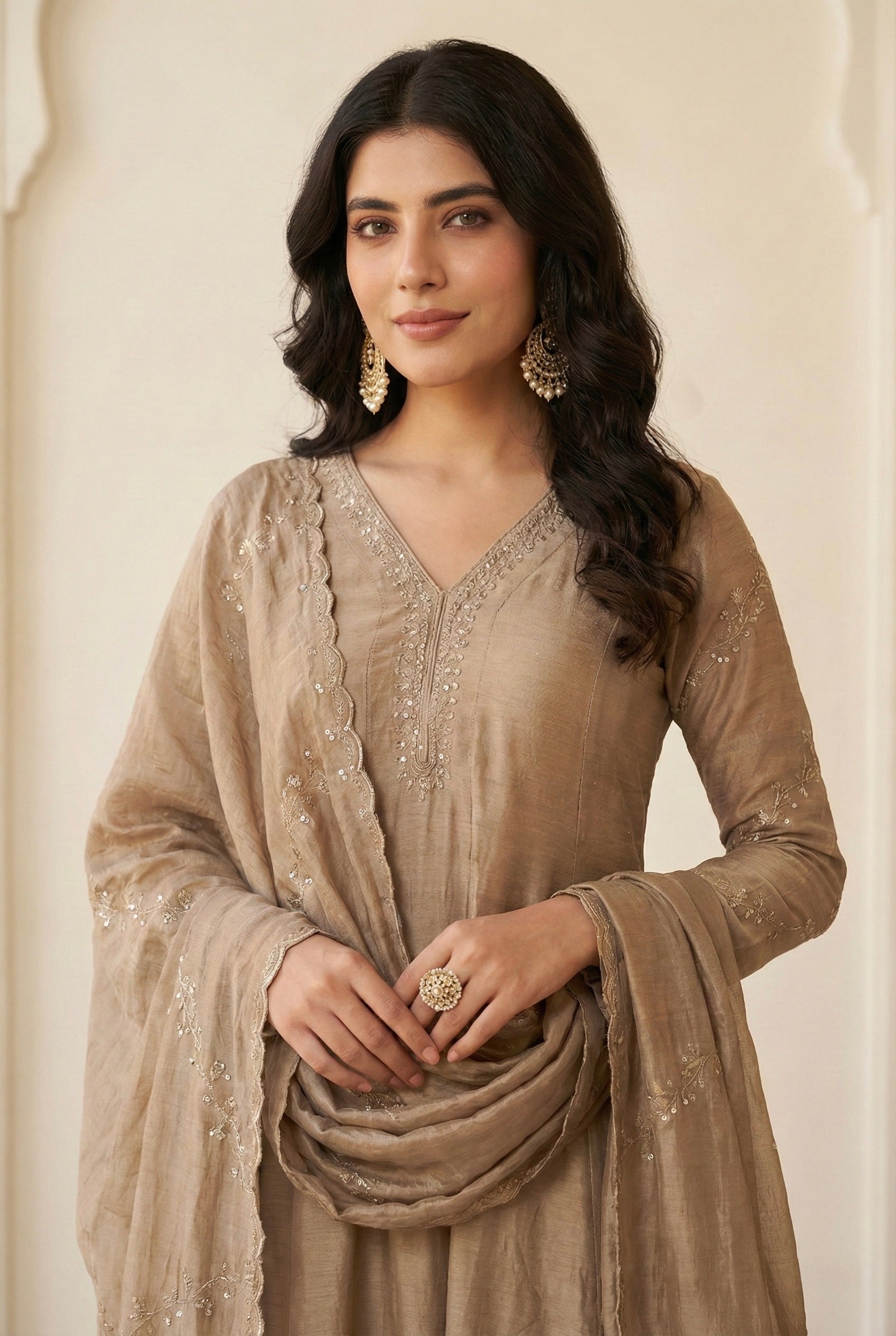 Beige Silk Embroidered Anarkali Kurta with Dupatta Set