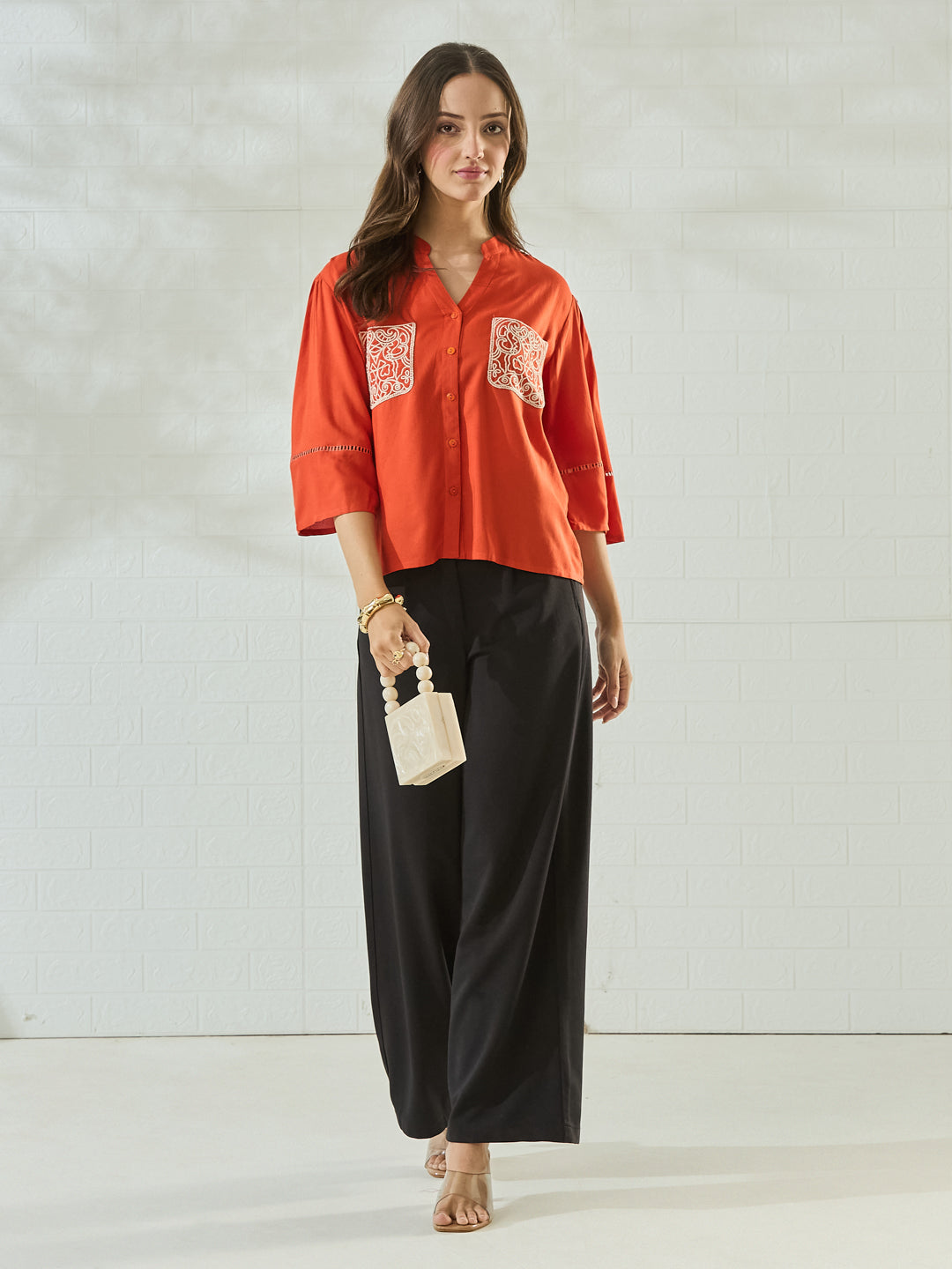 Women's Orange Rayon Embroidered Casual Shirt with Button-Down Front