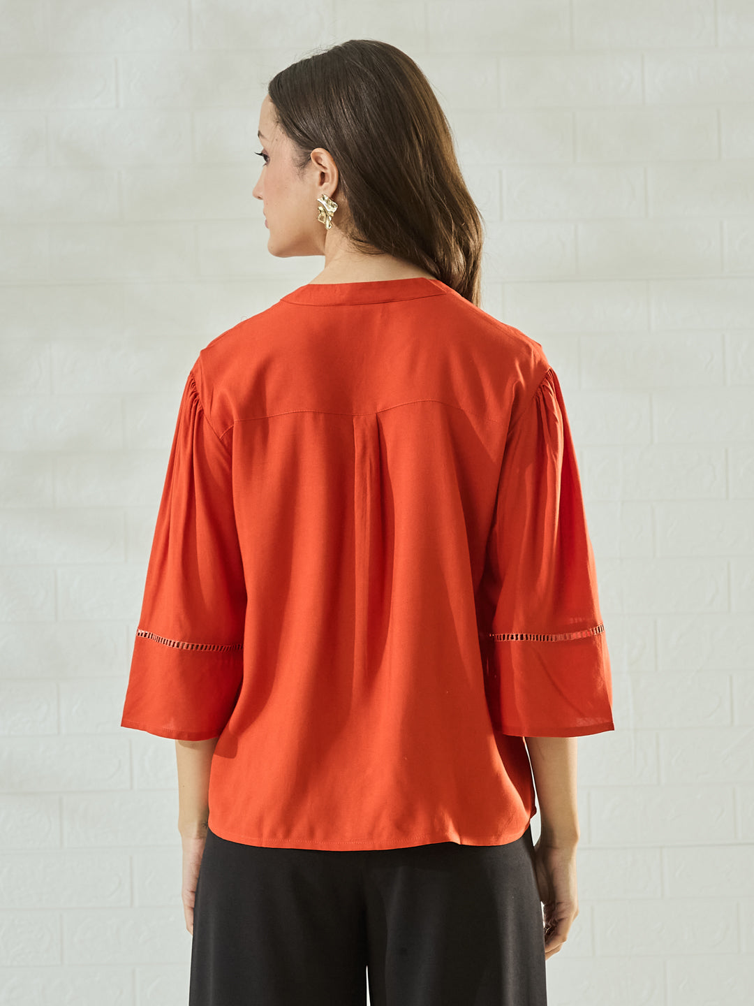 Women's Orange Rayon Embroidered Casual Shirt with Button-Down Front