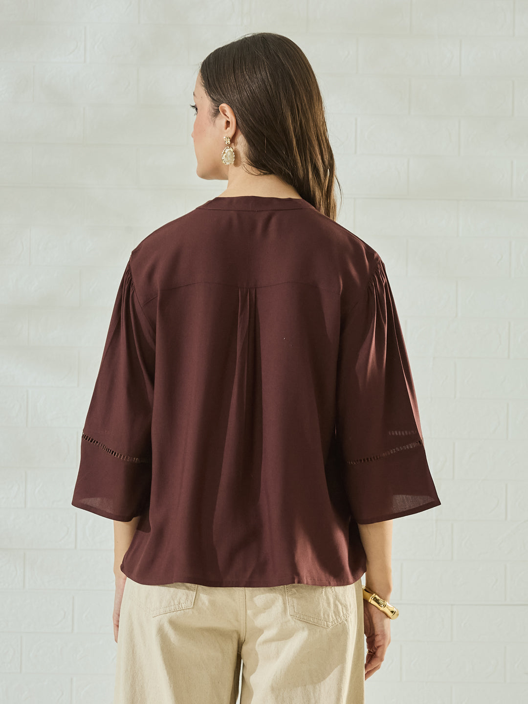 Coffee Rayon Embroidered Pocket Detail Casual Shirt for Women
