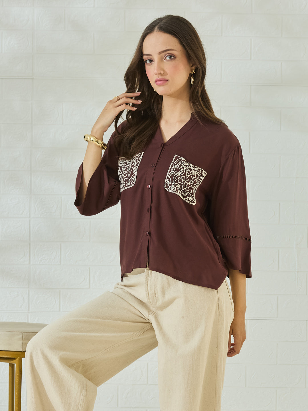 Coffee Rayon Embroidered Pocket Detail Casual Shirt for Women