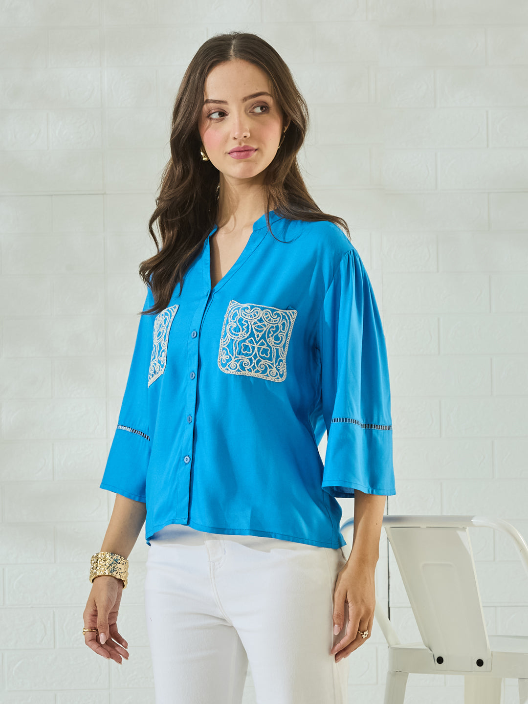 Blue Rayon Button-Down Shirt with Embroidered Patch Pockets for Women