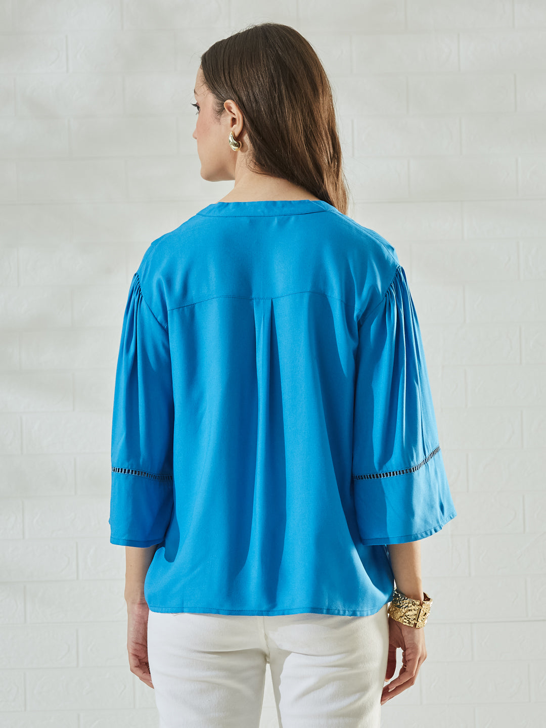 Blue Rayon Button-Down Shirt with Embroidered Patch Pockets for Women