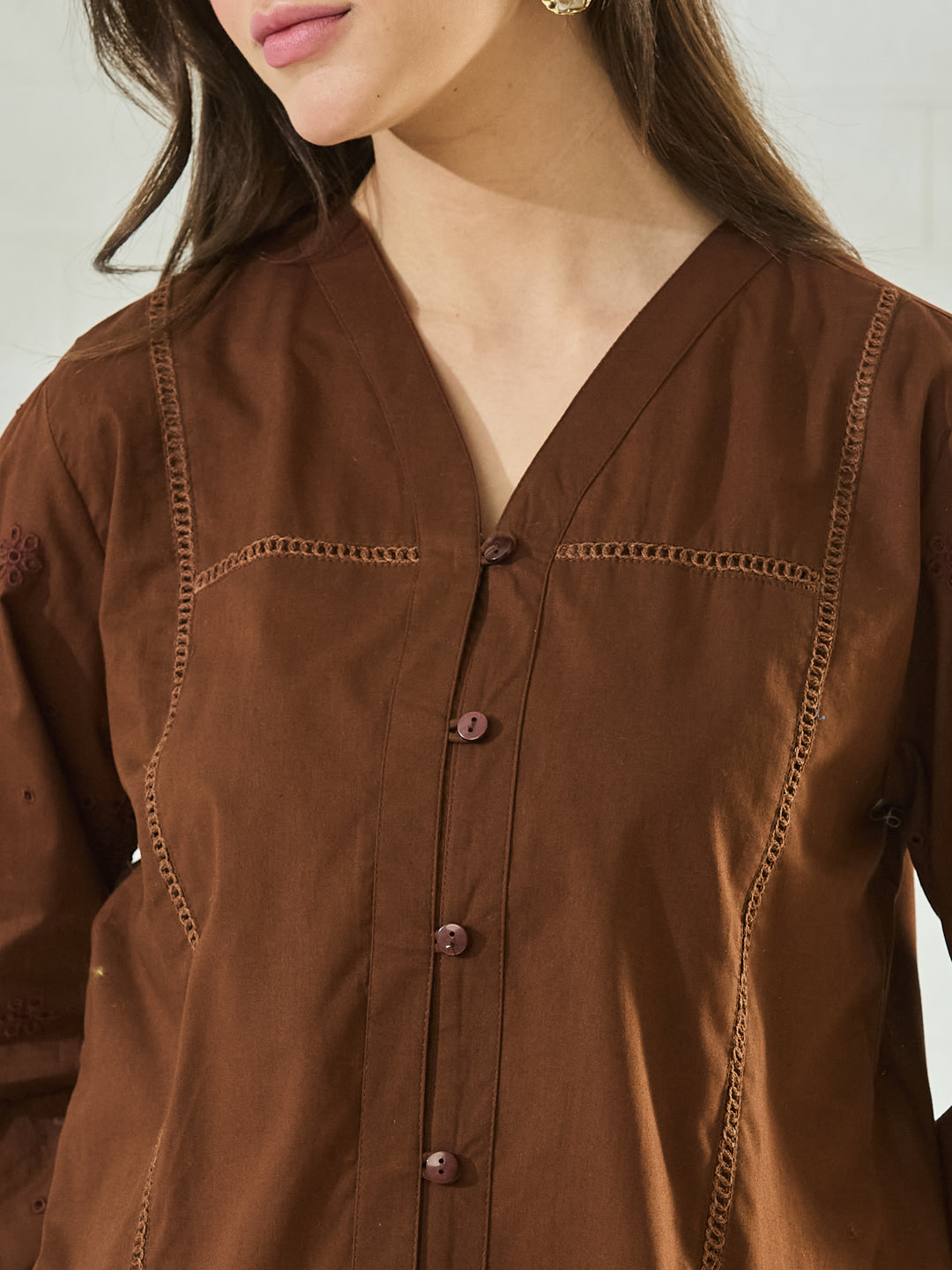 Women's Brown Embroidered V-Neck Cotton Regular Shirt