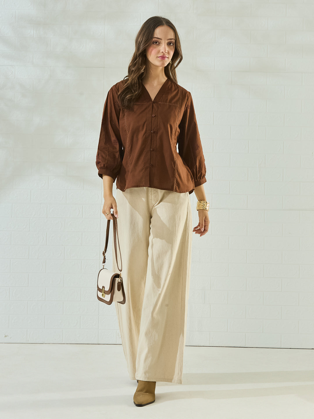 Women's Brown Embroidered V-Neck Cotton Regular Shirt