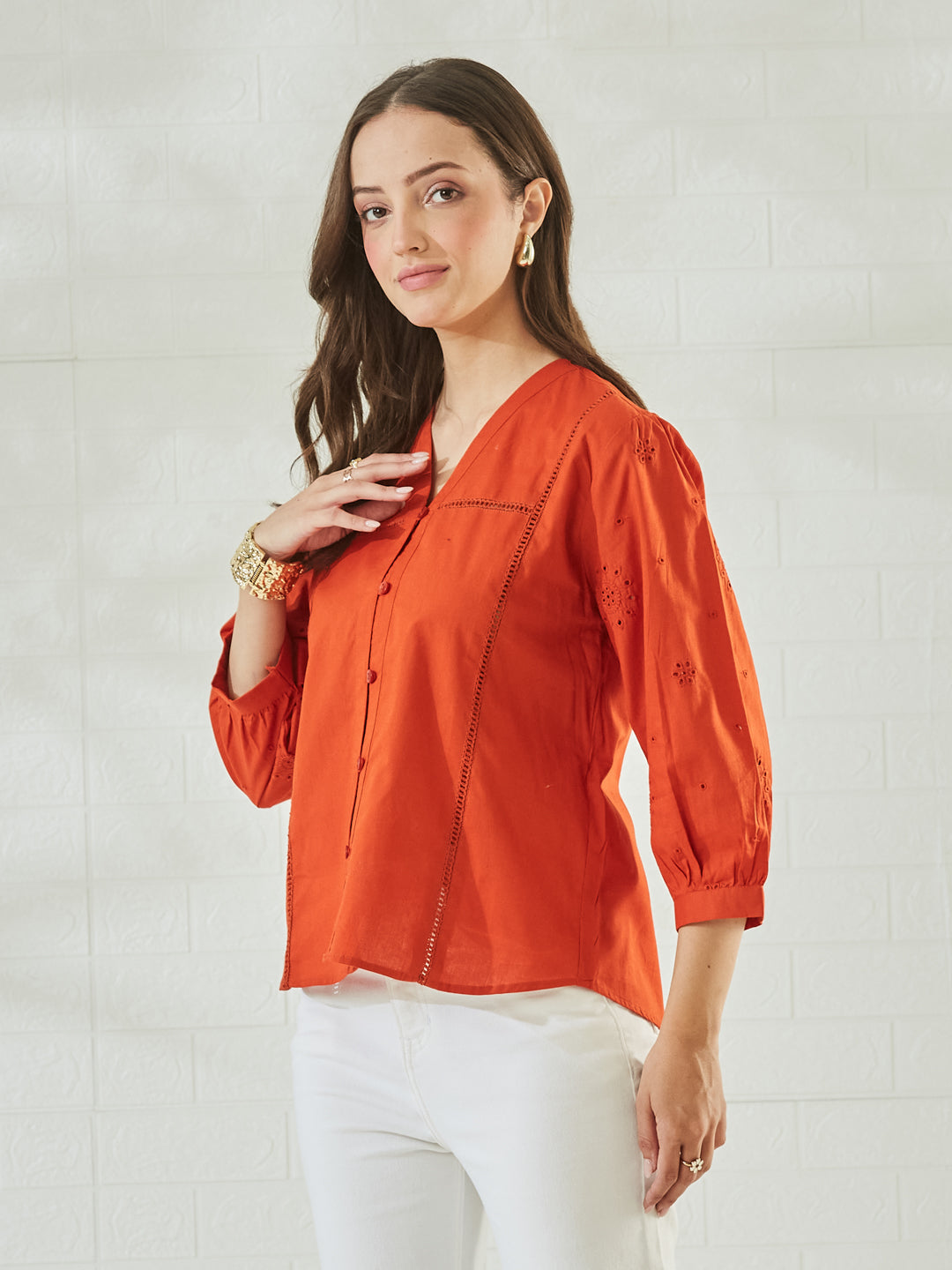 Orange Cotton Embroidered V-Neck Regular Shirt for Women