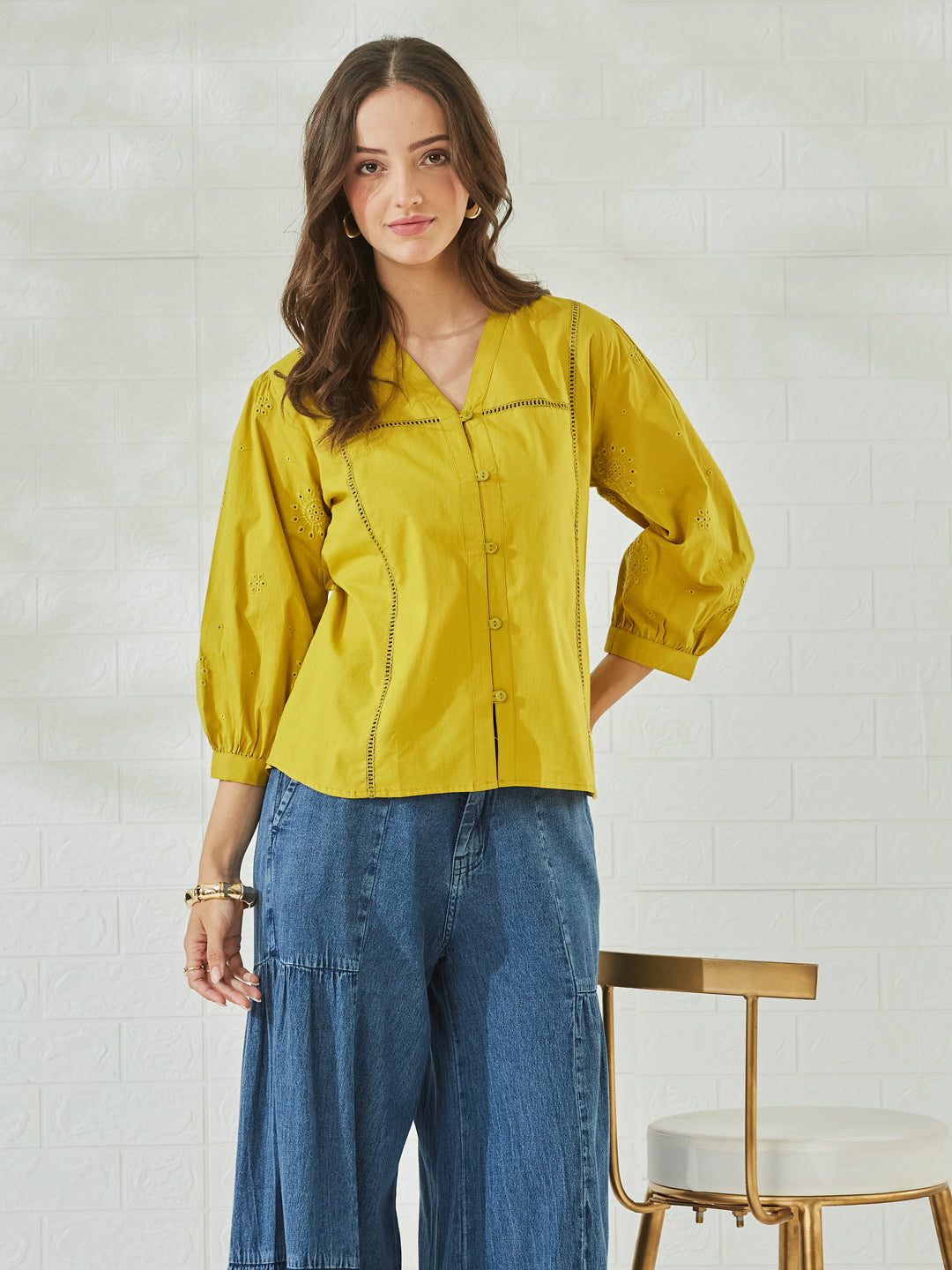 Women's Premium Yellow Cotton Button-Down Regular Shirt